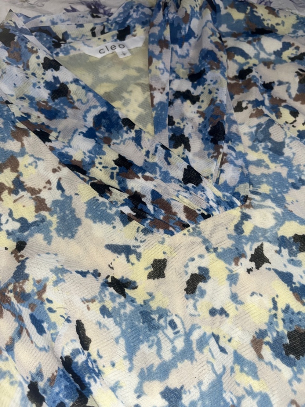 cleo Blue and Cream Short-Sleeve V-Neck Floral Print Top - Picture 4 of 5